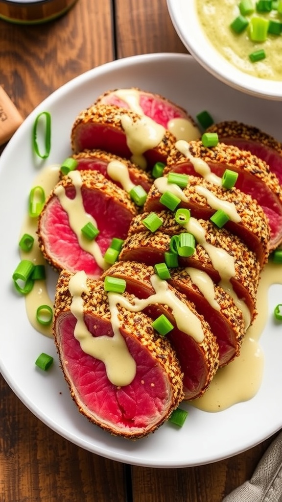 Plated sesame-crusted tuna steaks with wasabi cream and green onions on a rustic wooden table.